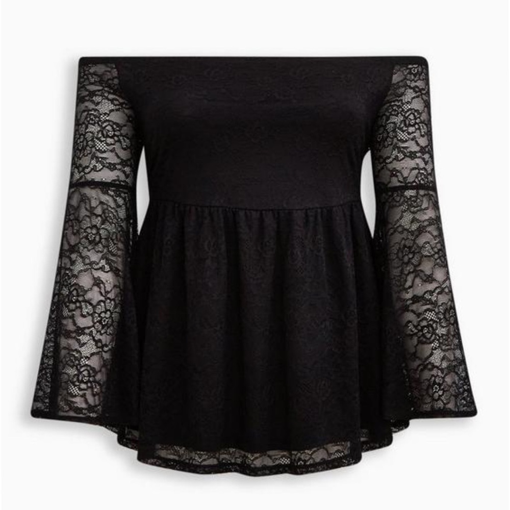 Torrid plus size 4 4x 26/28 stretch black lace off shoulder babydoll top NWT